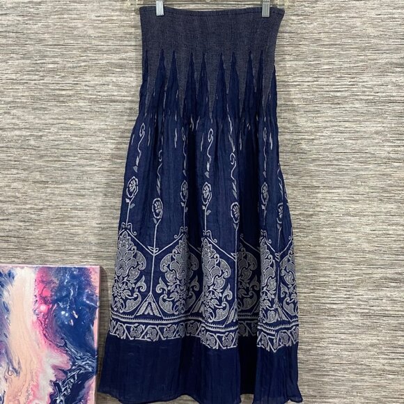 Boho Navy Blue Smocked Waist Maxi Skirt With White Floral Embroidery tube top - Picture 1 of 4